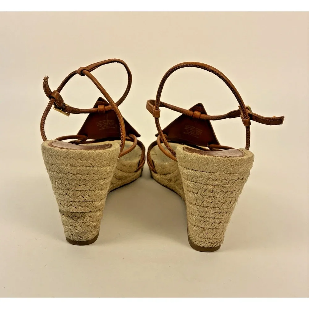 Tory Burch Brown Diamond Patch Espadrille Wedge Strappy Sandal Women's Size 7